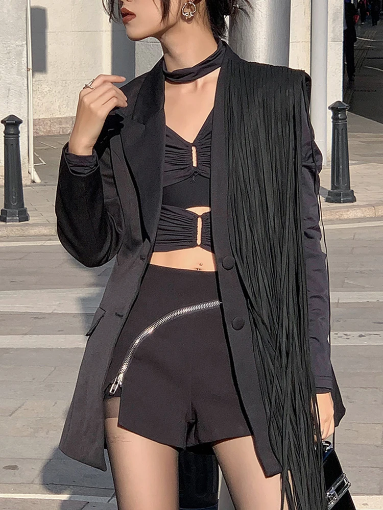 TWOTWINSTYLE Korean Fashion Black Patchwork Tassels Blazer For Women Notched Collar Long Sleeve Solid Blazers Female Spring 2022