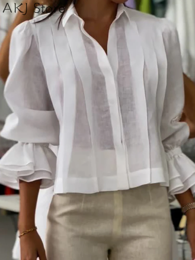 

Turn-down Collar Puff Sleeve Loose Blouse Casual Pleated Crop Top