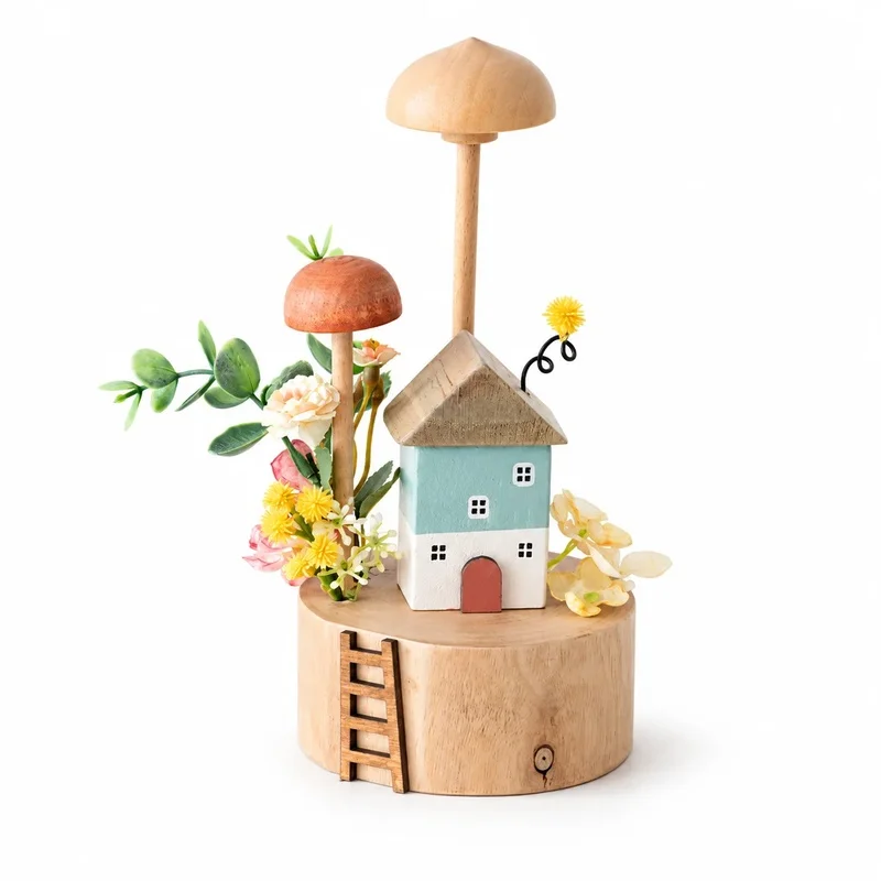Wooden Mushroom House Decor, Cute Blue Fairy House Tabletop Ornament, Mushroom Forest Cottage Decoration for Home & Office