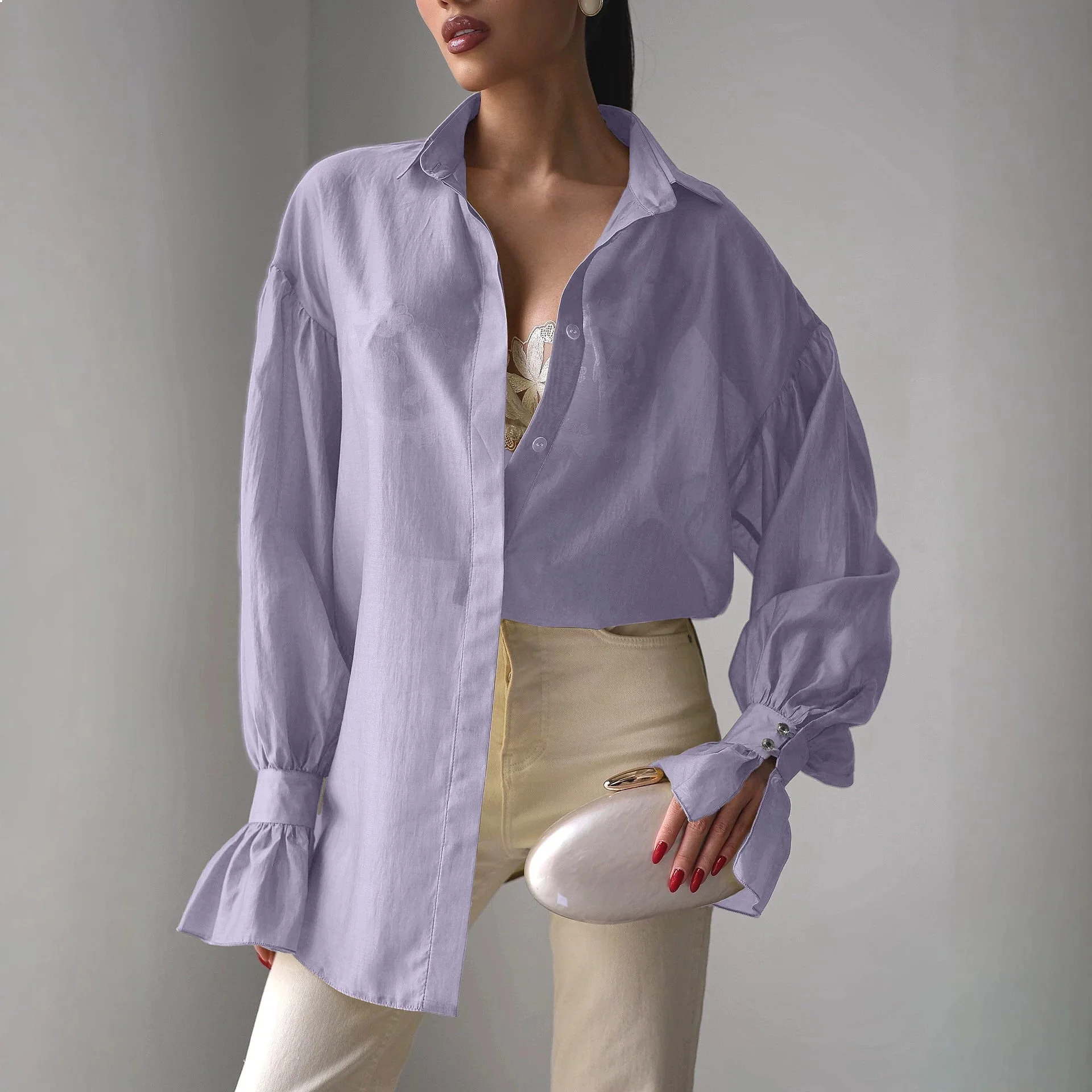 

French Spring Summer Sheer Long Sleeve Blouse Top See Through Cardigan Women Solid Tunic Tops Shirts