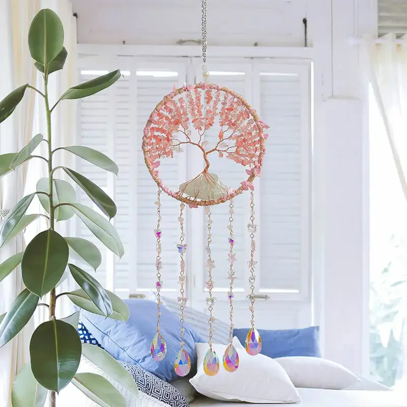 Crystals Sun Catcher Gems Natural Stone Tree of Life Aventurine Amethyst Pink Quartz Wind Chimes Decoration for Room Suncatcher
