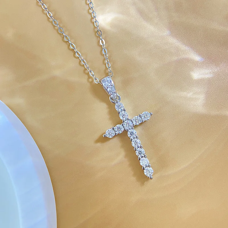 

Mosan Diamond S925 pure silver full diamond cross necklace pendant, Korean version high-end collarbone chain