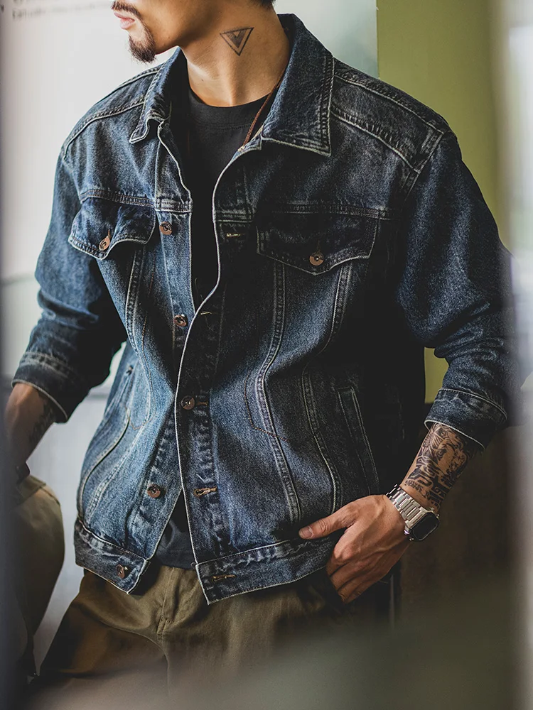 Retro American Washed Blue Denim Jacket Men's Autumn New Style Large Size Workwear Jacket Cotton Polyester Blend Long Sleeve