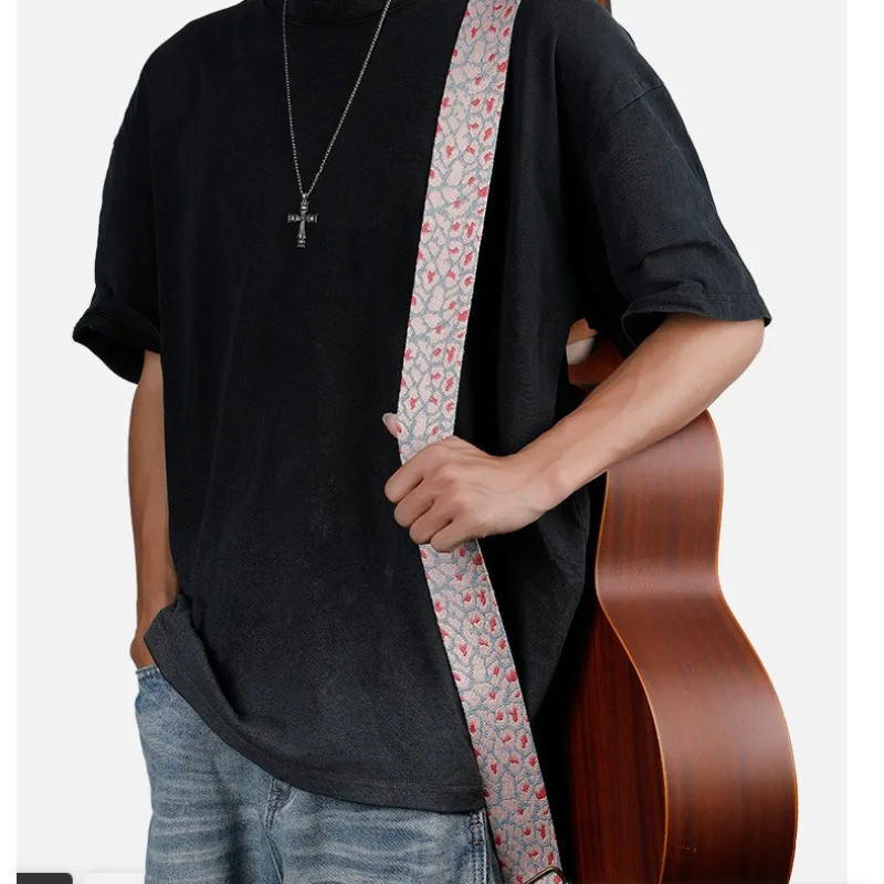 Widened Thickened Guitar Strap with Jacquard Plaid Leopard Design Comfort Acoustic Folk Guitars Guitar Strap Part Accessories