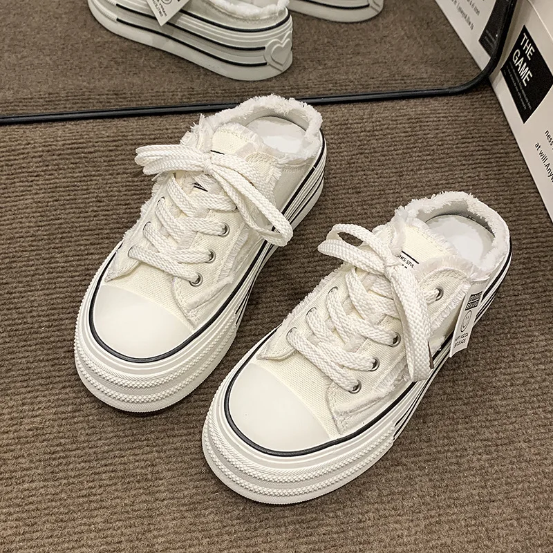 

Baotou canvas half slippers for women's summer outdoor wear new thick soled height increasing casual lace up women's shoes