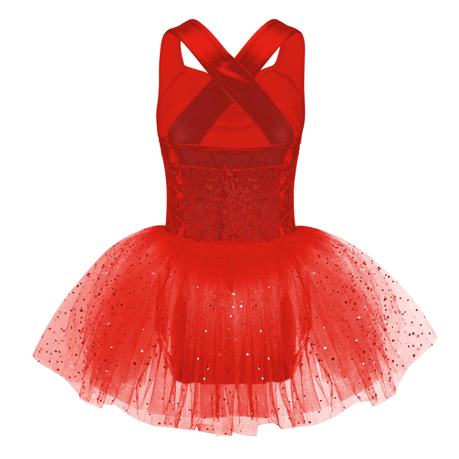 Kids Girls Sequins Ballet Tutu Leotard Dress Ballerina Fairy Prom Party Mesh Tulle Dress Crisscross Back Gymnastics Costume