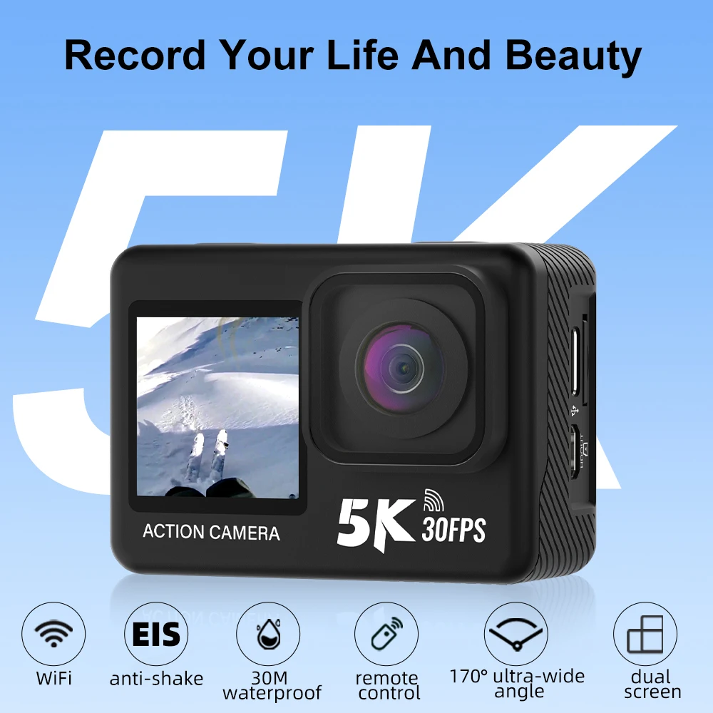 5K Action Camera 4K60FPS 2.0 Touch LCD 48MP EIS Dual Screen Wi-Fi 170D 30M Waterproof 5X Zoom Sports Camera With Remote Control