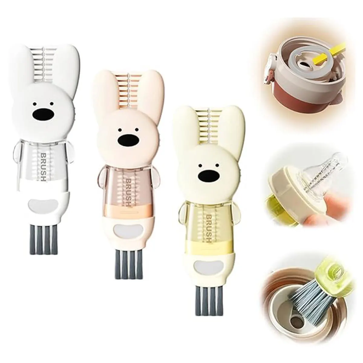 3 In 1 Cup Lid Cleaning Brush,Multifunctional Cartoon Rabbit Portable Cup Lid Cleaner Brush,Home Kitchen Crevice Cleaning Tools