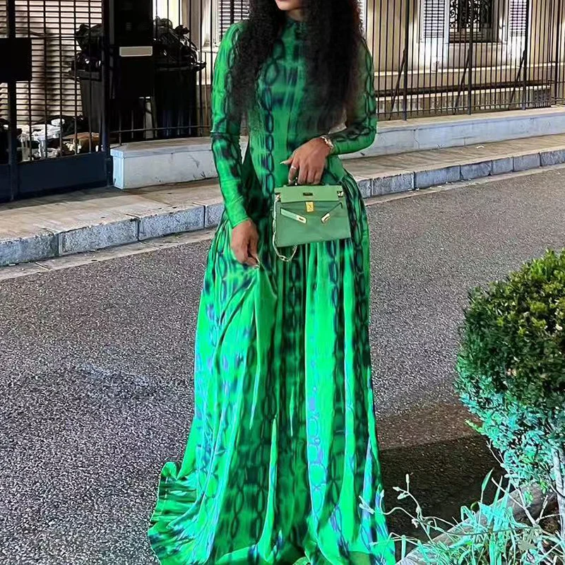 

Элегантное простое повседневное женское платье: зеленое, с принтом, длинным рукавом, приталенное, вечернее, с высокой талией, плиссированное, макси-платье для стильных дам