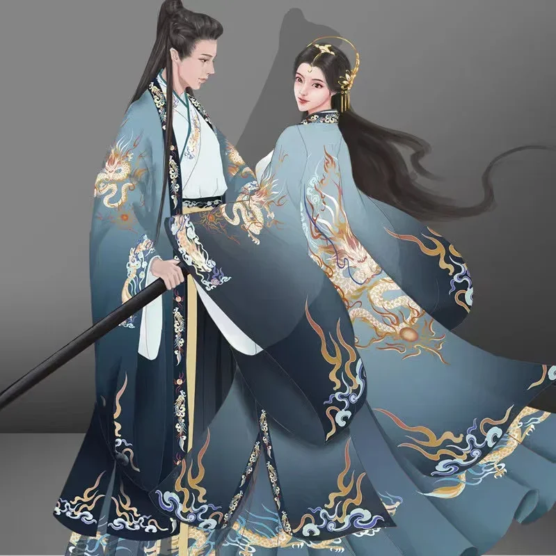 

Super Beautiful Dragon Hanfu Men Women Traditional Chinese Weijin Period Clothing Classic Niche Culture Printing Hanfu Dress Set