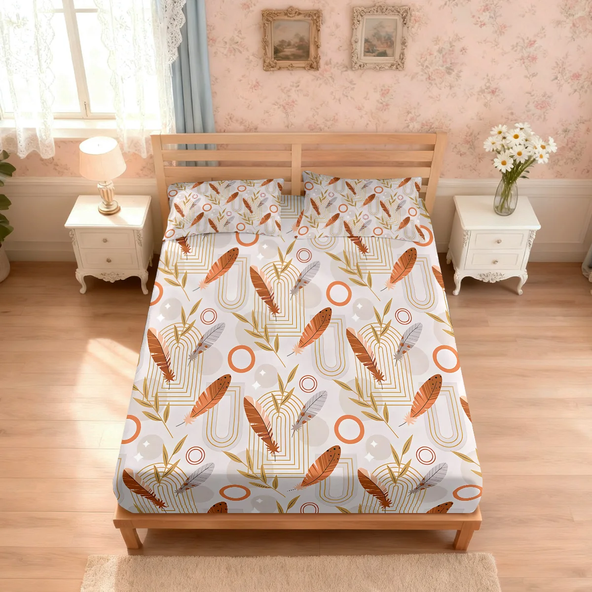 3pcs Feather Pattern Printed Coreless Bed Sheet Set Multi Size Soft Bed Cover Bedroom Bedding Decoration