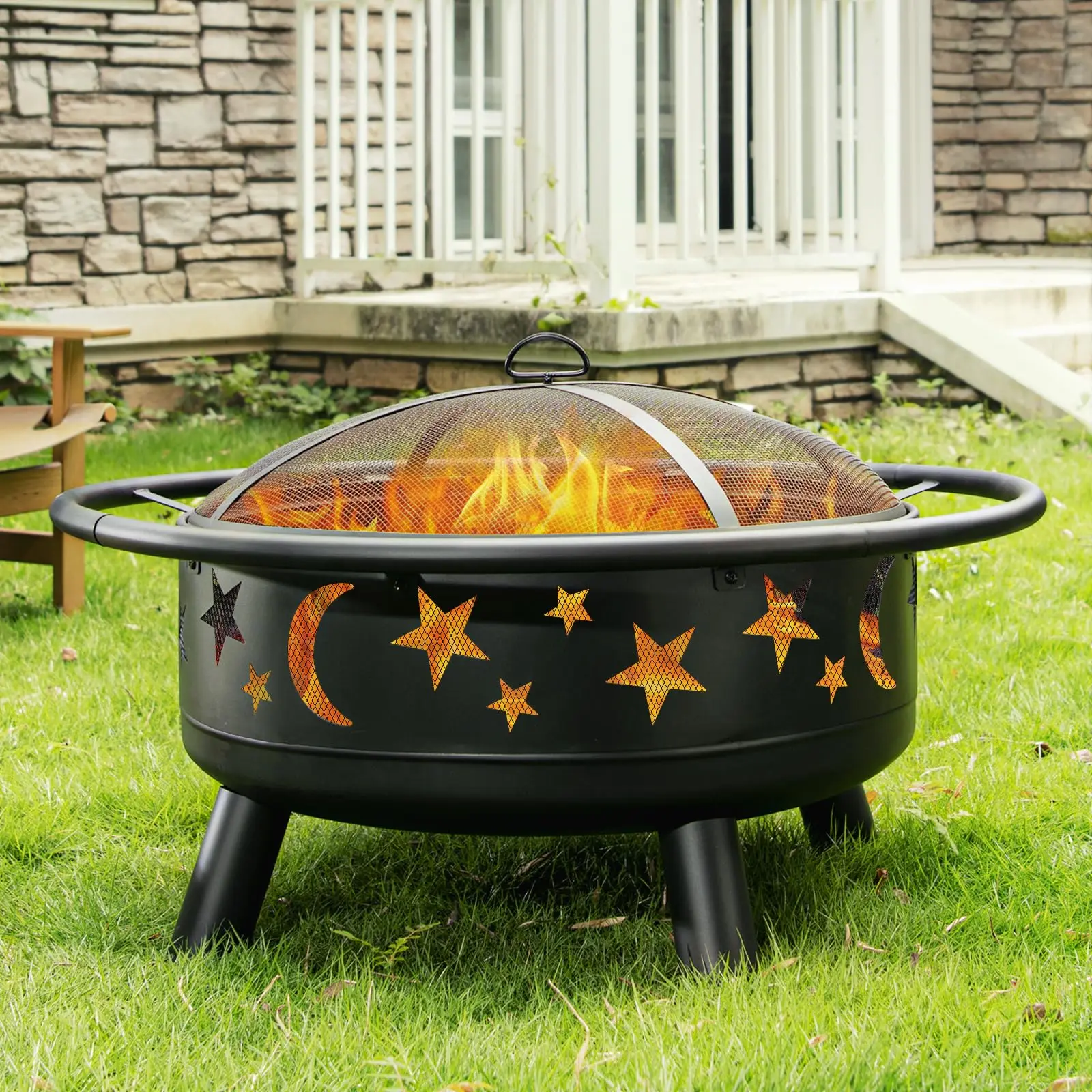 32 Inch Round Fire Pit with Mesh Cover, Fire Poker, Star and Moon Design, Metal Wood Burning Outdoor Firepit for Patio