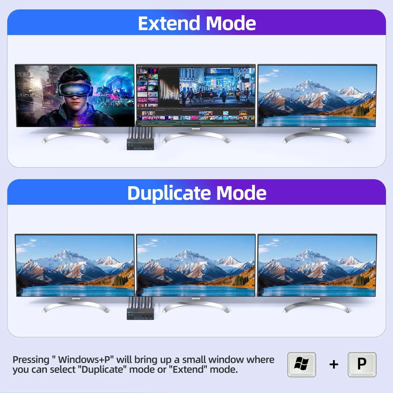 8K@60Hz HDMI DP KVM Switch 3 Monitore 3 PCs, 4K HUB KVM Switches mit 4 USB3.0 Ports Share Monitor Tastatur Maus Drucker