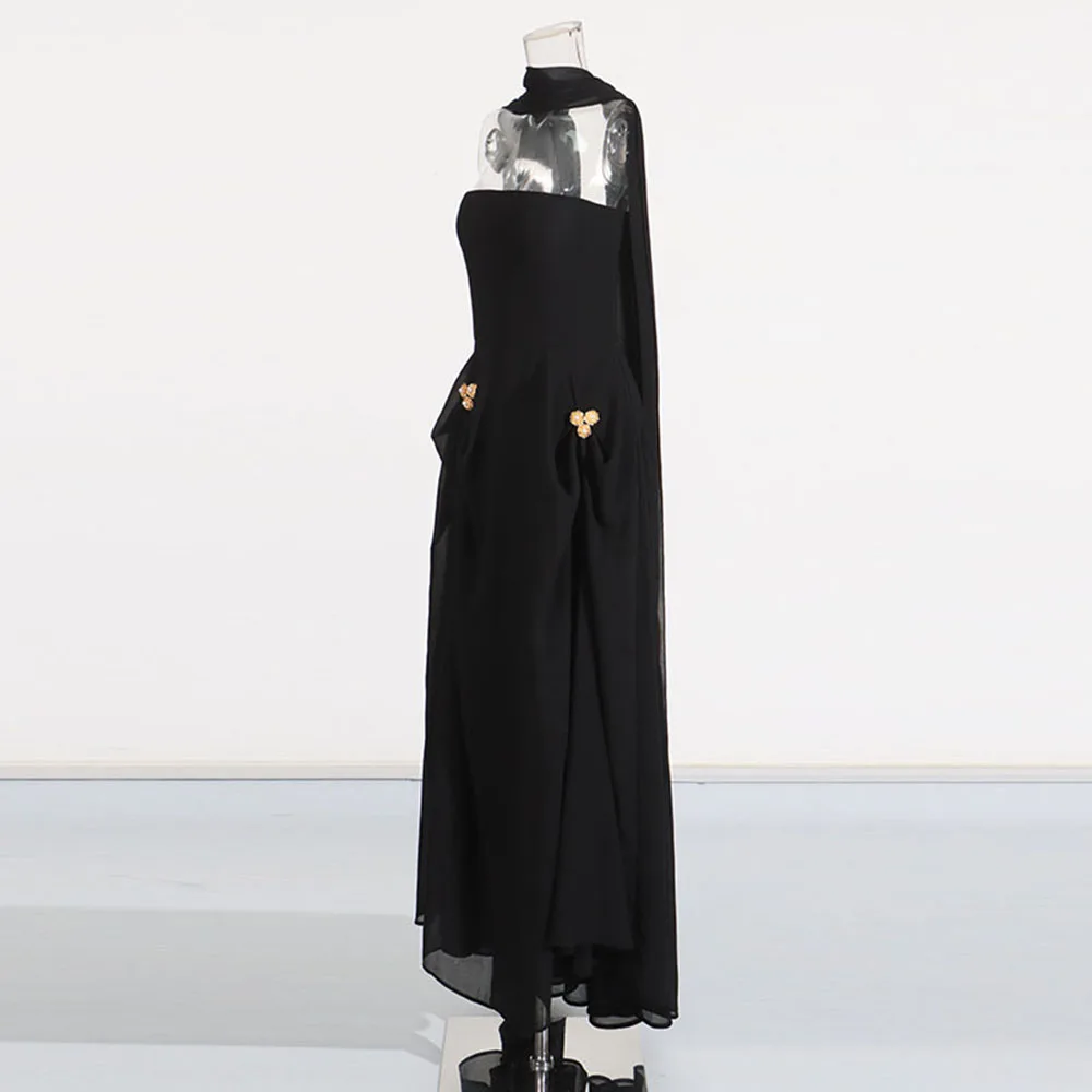 TWOTWINSTYLE Solid Spliced ลูกปัด Minimalist ชุดผู้หญิงที่ไม่มีสายหนัง Patchwork Lace Up Elegant หญิงแฟชั่น