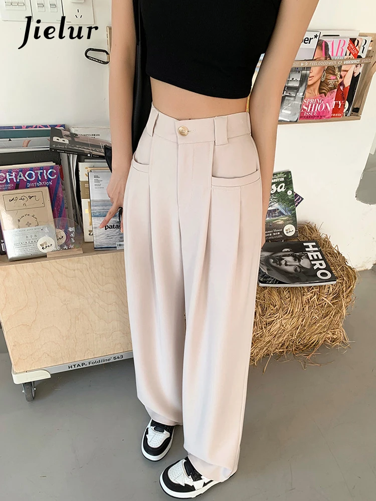 Jielur Losse Grey Fashion Pockets Broek Lady Lente Zomer Hoge Taille Rechte Lange Broek Vrouwelijke Toevallige Wijde Pijpen Broek Vrouwen