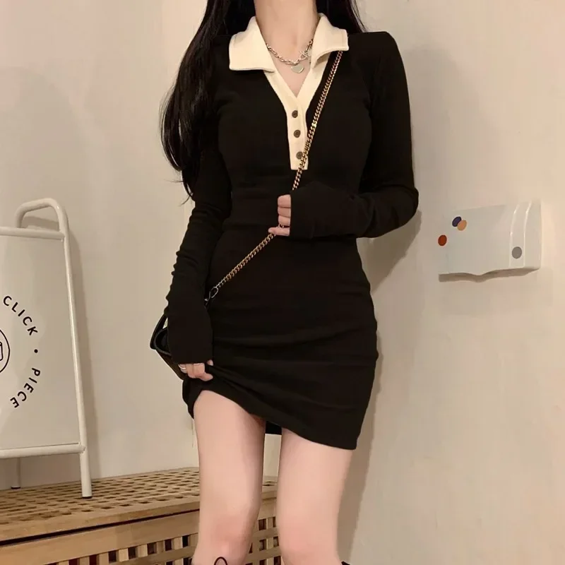 

Women Polo Neck Knitted Dress Female Spring Autumn Slim-fit Show Package Hip Sexy Bodycon Vestidos Y2k French Elegant Vestidos