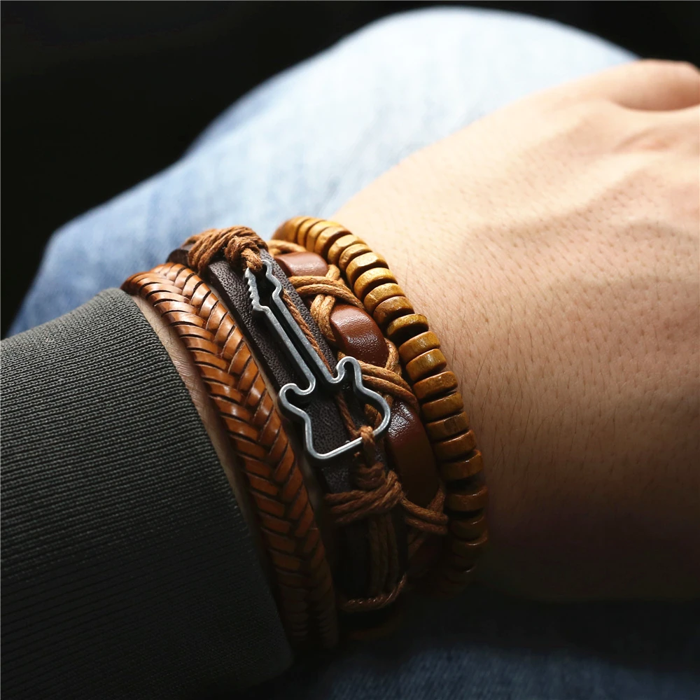 New Casual 4 Pcs/Set Khaki Leather Woven Guitar Charm Bracelets Men Women Homme Male Wholesale Jewelry