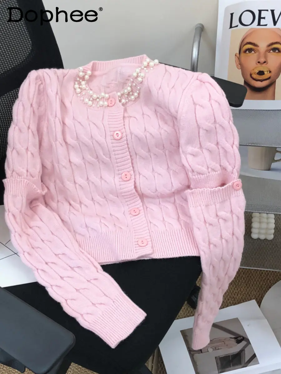 Chic Beaded Sweet Pink Twist Knitted Cardigan for Women 2023 Early Spring New Design Sense Outer Wear Cropped Sweater Coat Top