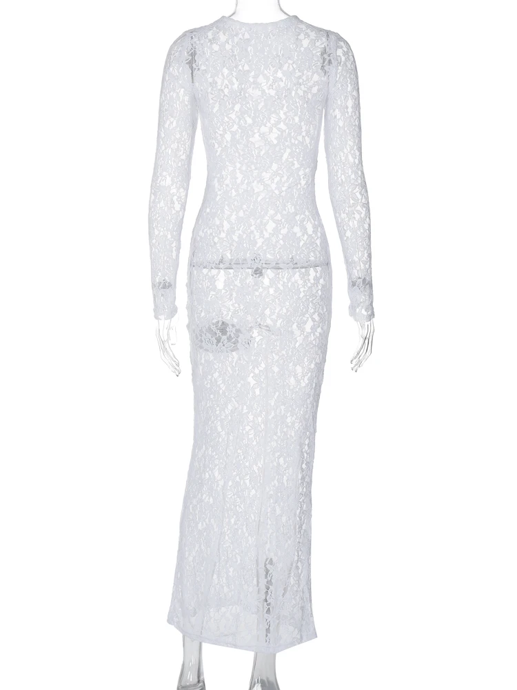 Hugcitar Floral Print Long Sleeve Sexy Bodycon Sheer See Through Maxi Dress 2023 Fall Women Fashion Streetwear Party Outfit Y2K