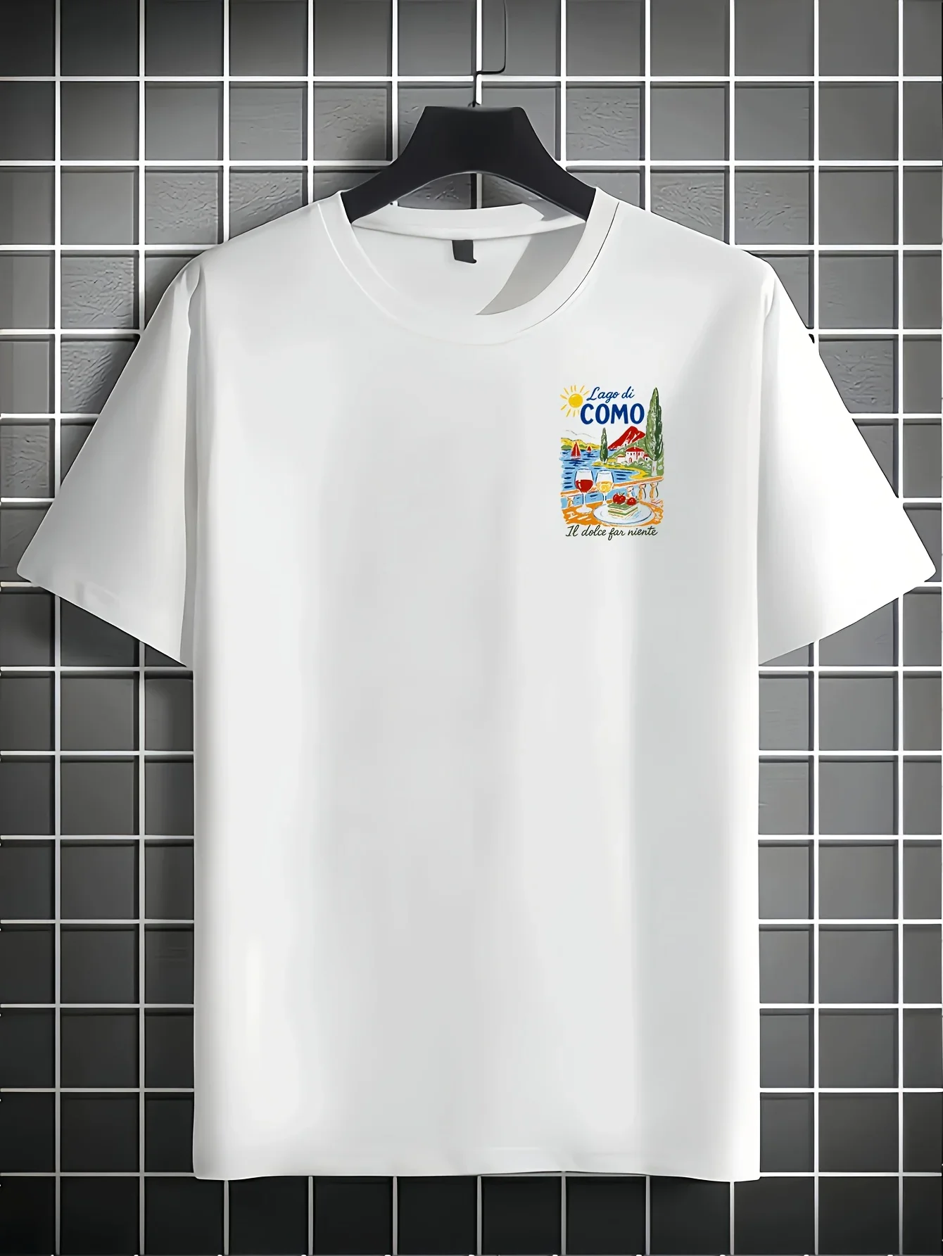 Vintage Italian "Lago Di Como" Vacation Print Men's 100% Cotton T-shirt Casual O-neck Short Sleeve Tops Streetwear Tees view 2