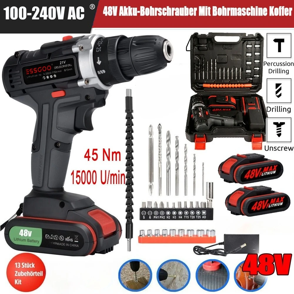 48V Akku-Schrauber- und Schlagbohrer-Set, zwei einstellbare Geschwindigkeiten, inklusive 2 Akkus und Ladegerät, geeignet für verschiedene Materialien wie Holz, Metall und Mauerwerk.