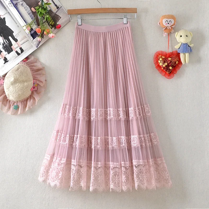 Women Summer Elegant Tulle Lace Patchwork Midi Skirts  Fashion Ladies Spring Streetwear High Waist Casual Pleated Skirt 2024