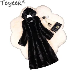 Tcyek 여성용 진짜 모피 코트, 천연 밍크 모피 코트, 중간 길이 여성 모피 재킷, 후드 Fourure femme, 겨울 의류