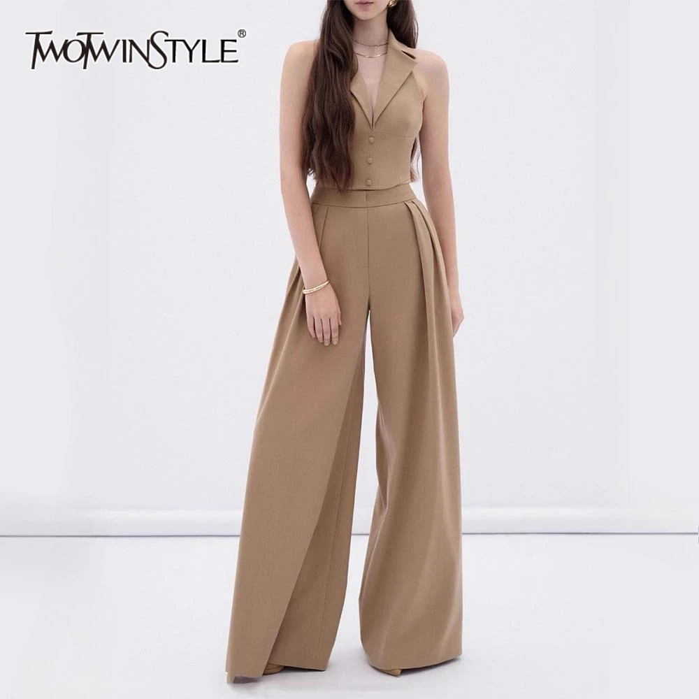 

TWOTWINSTYLE Solid Slimming Two Piece Sets for Women Lapel Sleeveless Patchwork Button Top High Waist Wide Leg Pant Set Femlae
