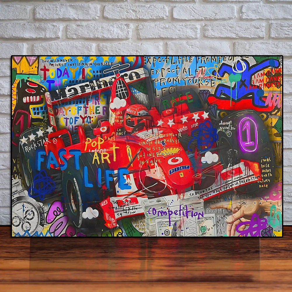 

Banksy Style Formula Racing Graffiti Canvas Painting Abstract Sports Car Poster Print Supercar Wall Art Living Room Home Decor