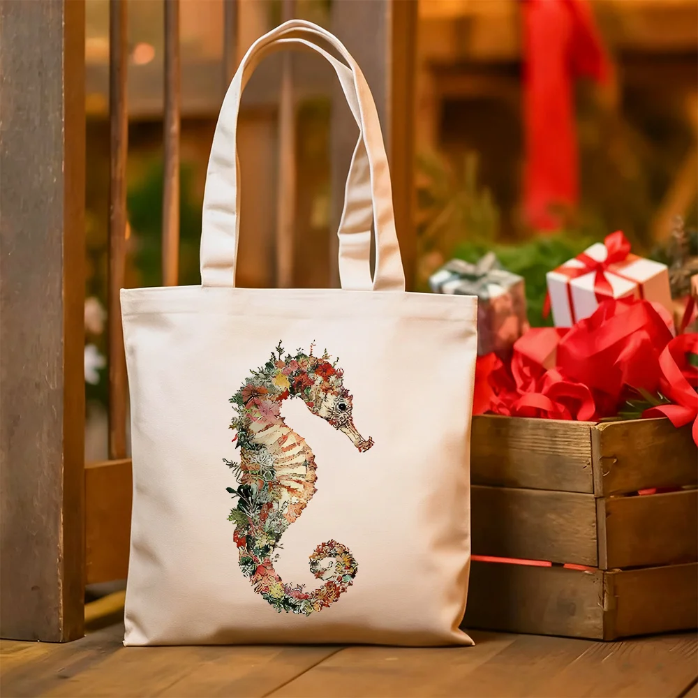 1pc Women'S Marine-Themed 'Floral Seahorse Art' Tote Bag - Large Rectangular Durable Canvas Shoulder Bag with Seahorse And Sea P