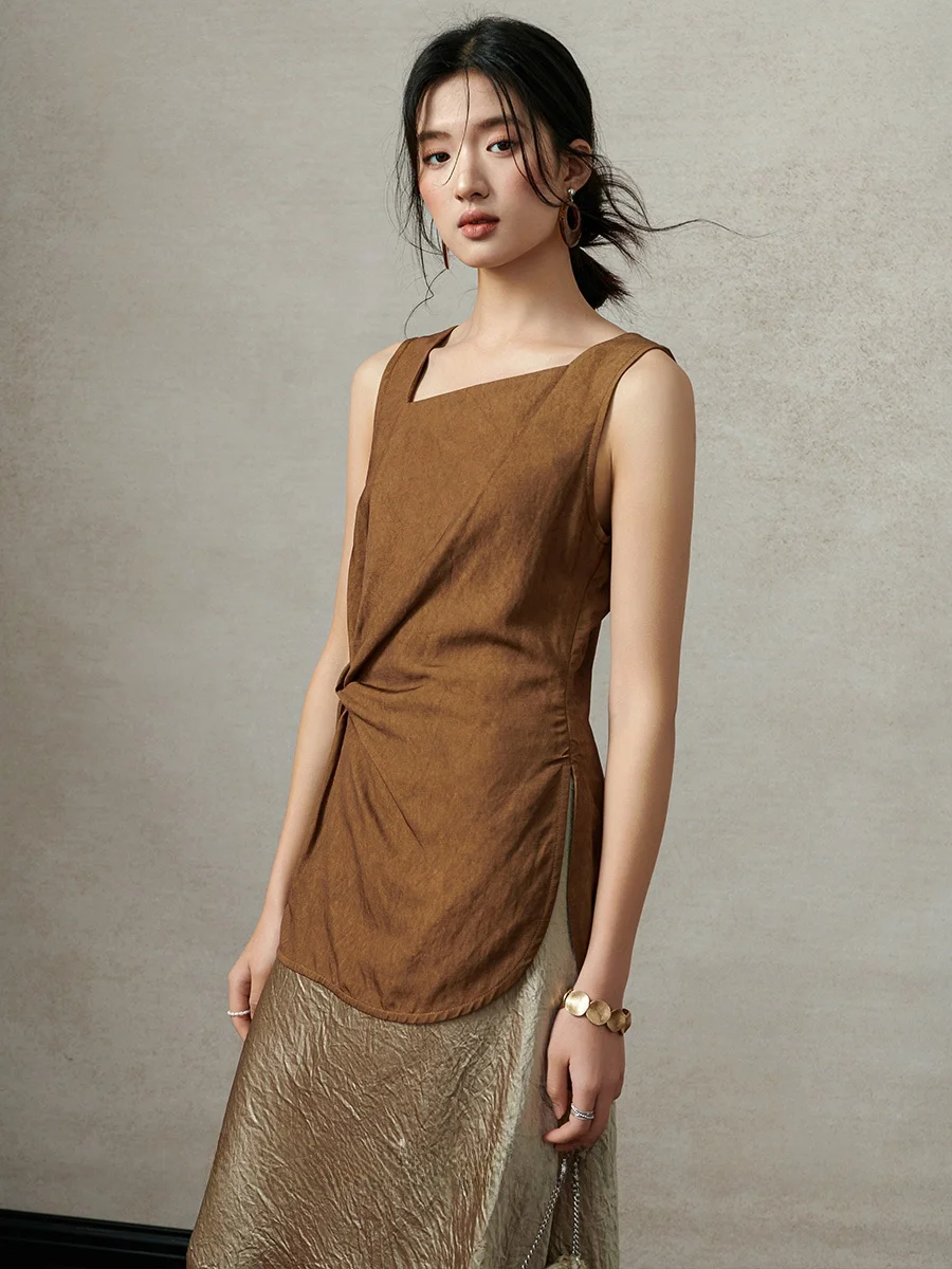 

Kiki Women's Soft adient Dyeing Linen Knot Irregular Svel Vest Strap Summer High-End Feeling Commute Sle Pure Color