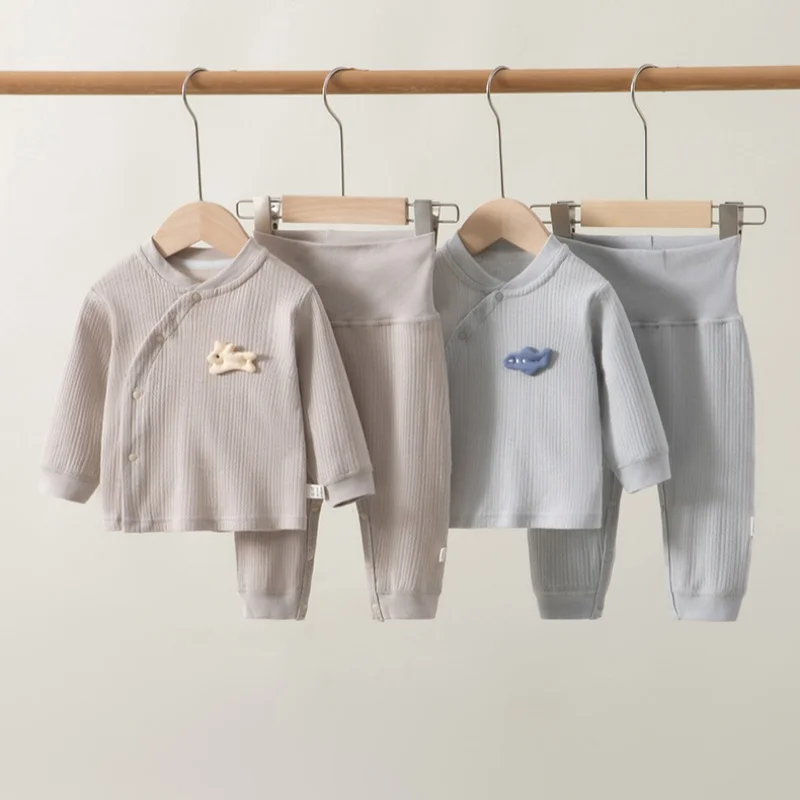 

0-3Y Baby Cotton High Waist Loungewear Sets Spring Newborn Girls Boys Ribbed Texture Patch Long Sleeve Soft Underwear Outfit