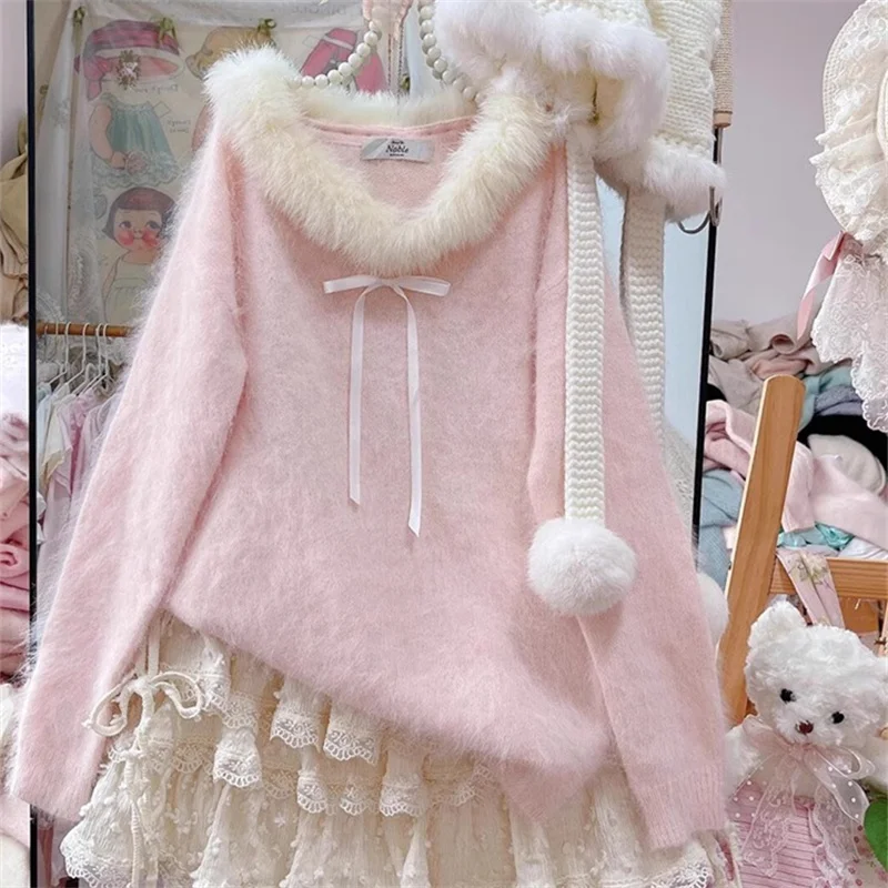 Soft Cozy V-Ne Sweater ex Loose Fit Autumn Winter Knittedwear Pastel Pink Fur Collar Casual Long Sve Turtlene Top