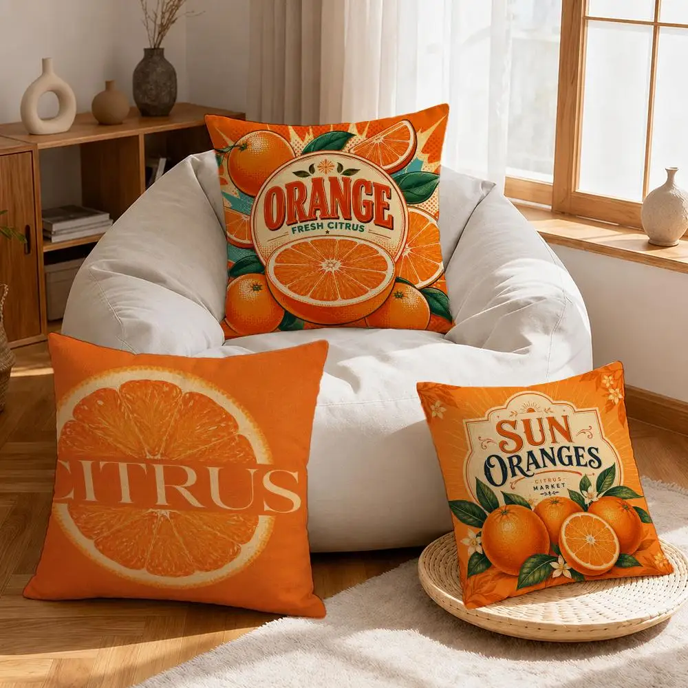 Orange Illustration Fashion Cushion Cover Linen Anti‑mite Antibacterial Cushion Cover Invisible Zipper for Couch Living Room