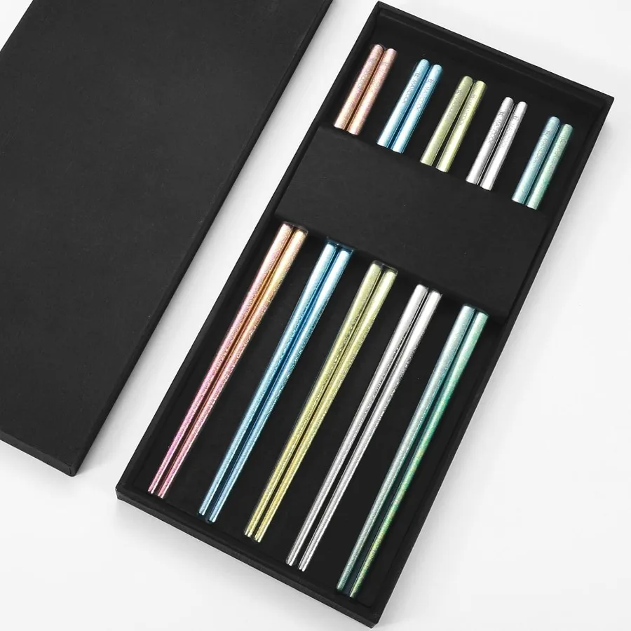 

Палочки для еды из чистого титана, многоразовые палочки для еды с ледяным цветком, разноцветные палочки для еды, набор из 5 пар для элегантной обеденной посуды, посудомоечной машины S