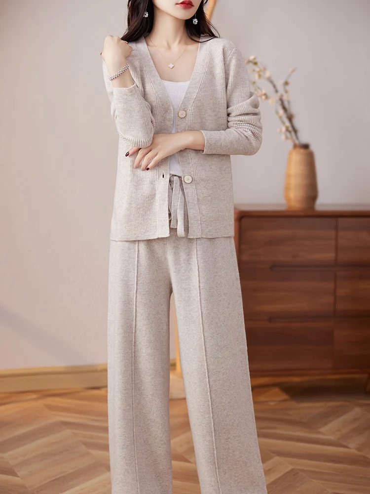 

Autumn Winter Women Pants Suit Cashmere Sweater V-Neck Button Cardigan 100% Merino Wool Knitwear Female Grace Soft Casual Outfit