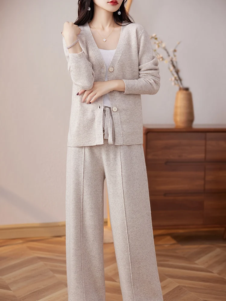 

New Autumn Winter Women Pants Suit Cashmere Sweater V-Neck Button Cardigan 100% Merino Wool Knitwear Women's Two Pieces Set