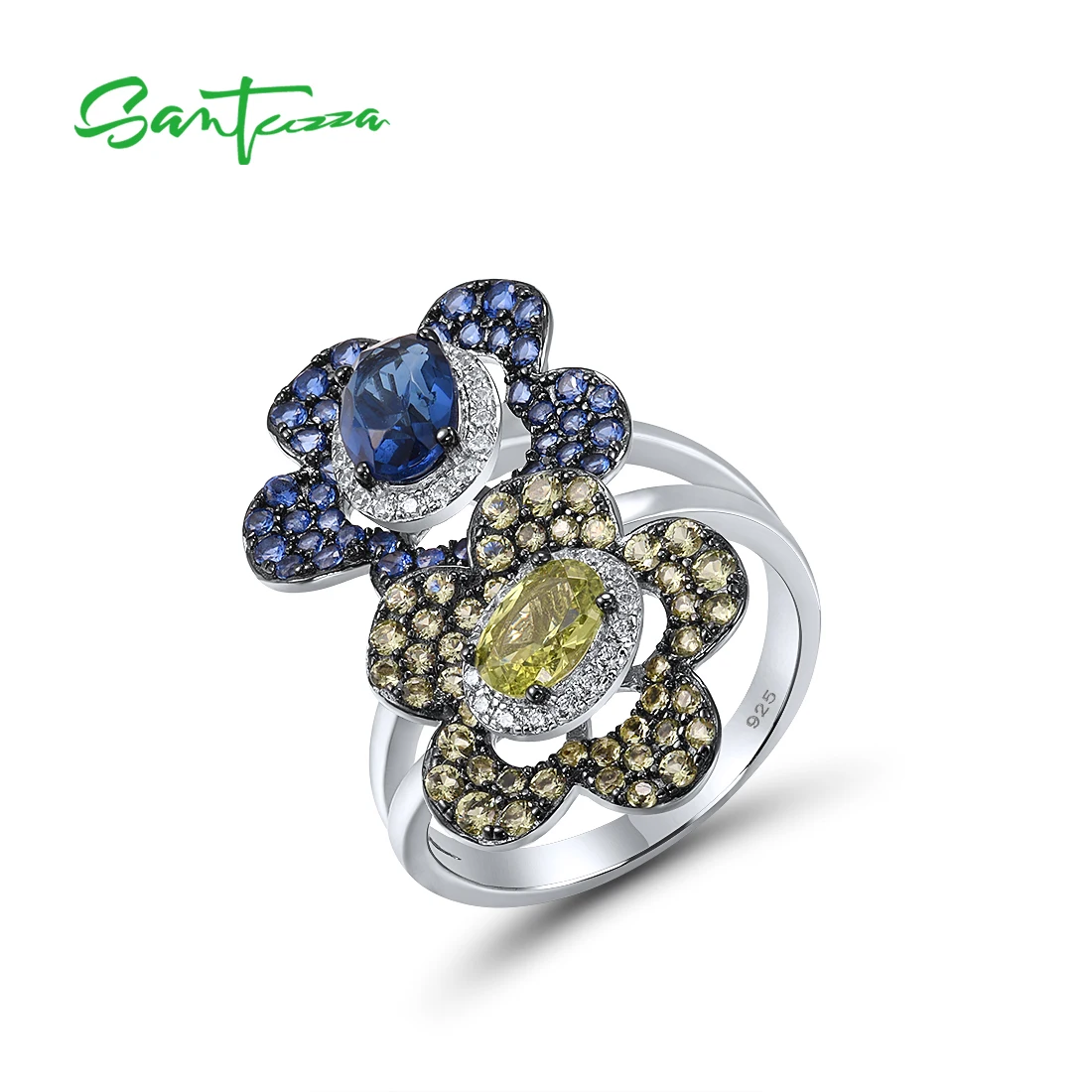 SANTUZZA Silver Rings For Women 925 Sterling Silver Sparkling Blue Green Stones Twin Flower Stylish Special Trendy Fine Jewelry