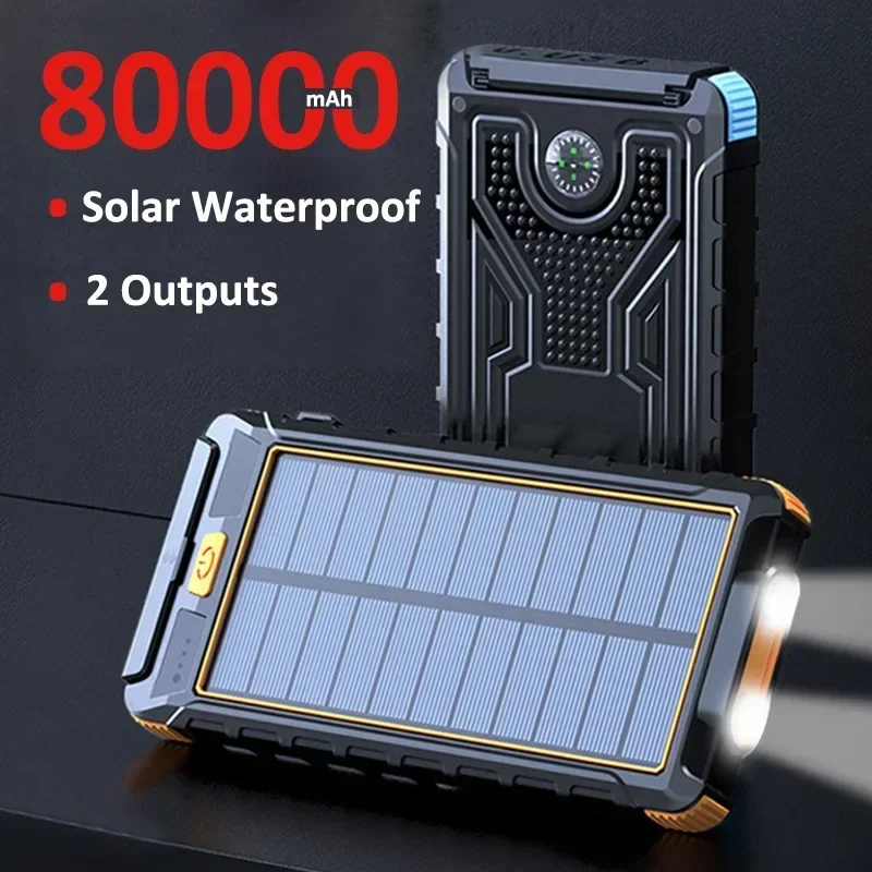 Solar Fast Charging Power Bank Portable 80000mAh Charger Waterproof  External Battery Flashlight for Xiaomi IPhone Samsung