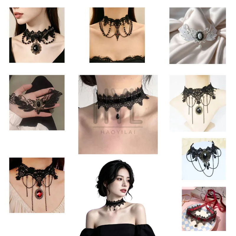 Vintage Gothic Lace Choker Necklace Women False Collar Pearl Crystal Water Drop Flower Neck Chain Halloween Cosplay Costume Prop