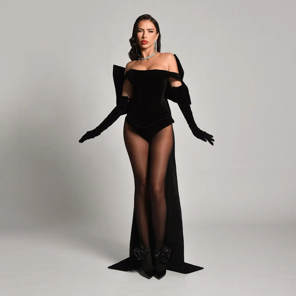 Sexy Black Velvet Women Jumpsuit With Oversize Bow Details Sexy Women Mini Dress To Photoshoots Not Come With Gloves