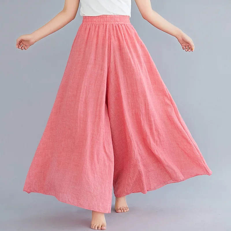 2024 Sen Women's Artistic Plus Size Cotton Linen Pants Skirt Elastic Waist Solid Color Ethnic Style Wide Leg Pants Skirt