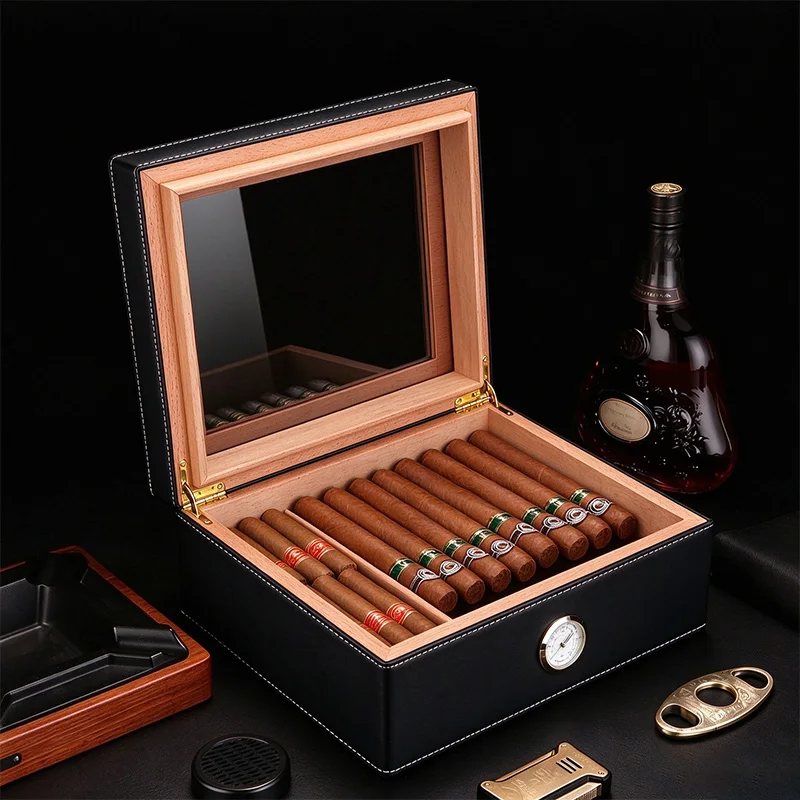 Cigar Humidor Genuine Leather Cigar Humidor Box Spanish Cedar Lined with Hygrometer Humidifier Movable Partition Clear Glass