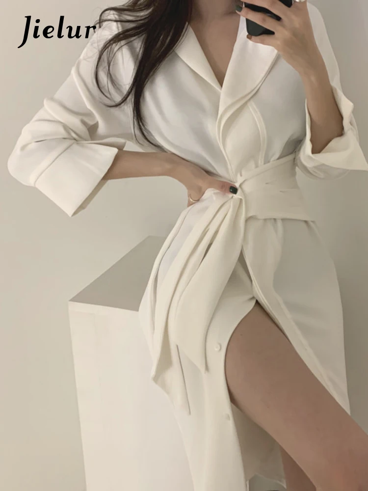Jielur Solid Color Simple Basic Fashion Dress Woman Elegant Street Women Dress Ladies Apricot White Black Korean A-line Dresses