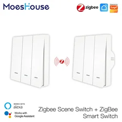 MoesHouse Tuya ZigBee Smart Light Switch with Scene Switch Kit No Neutral Wire No Capacitor Required work with Alexa Google Home