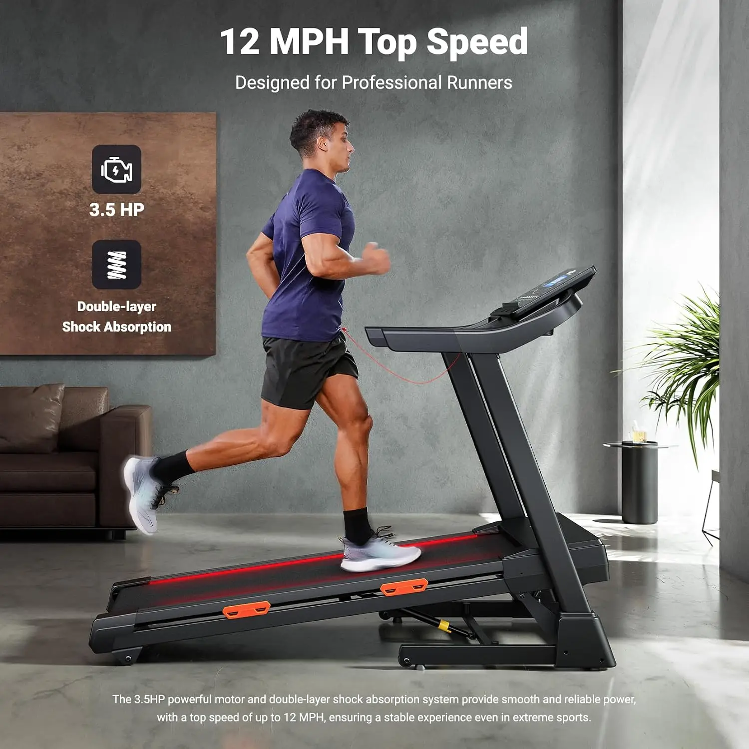THERUN 20% Auto Incline Treadmill, 12 MPH and 3.5 HP Motor, 55" X 20" Large Running Belt with Advanced Console, All-in-One Foldable Treadmills for Home with Incline for Intensive Workout view 3