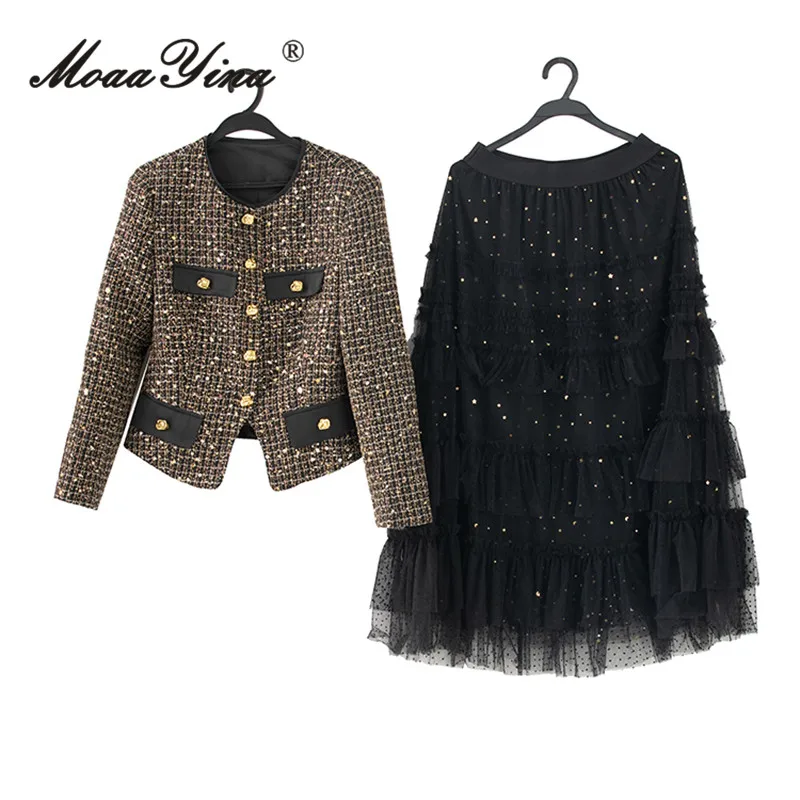 MoaaYina Mode Herbst Und Winter frauen Linie Pailletten Einreiher Top + Rüschen Rand Pailletten Unten Rock Zwei-stück Set