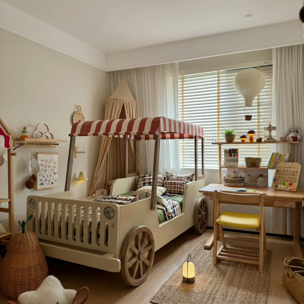 Car bed log wind children's bed boy with guardrail bedroom antique small apartment log boy's