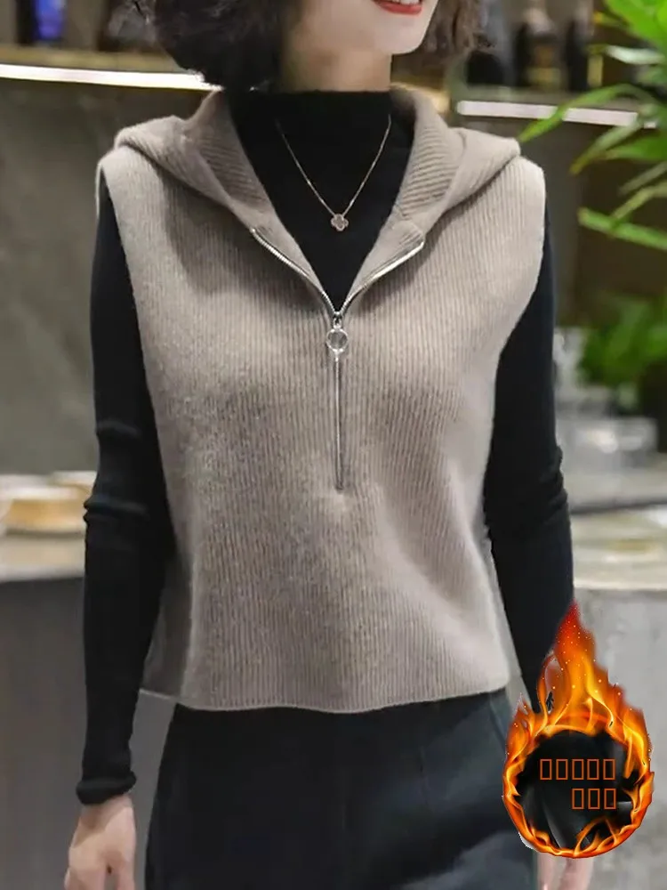 

Ele Knitted Hooded Vest Commute Sle Soft Svel Layering Slimming Top French Sle Faionable Winter Outerwear