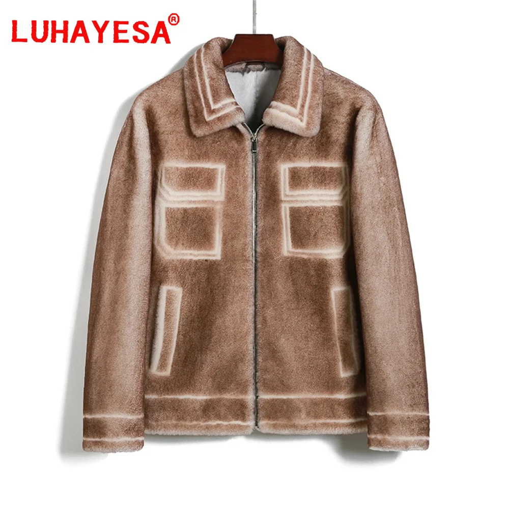 2024 Unikalny kolor L Vissesa New Merino Sheepskin Fur Shearling Coat Men Cake Color Winter Warm Real Lamb Fur Jackets